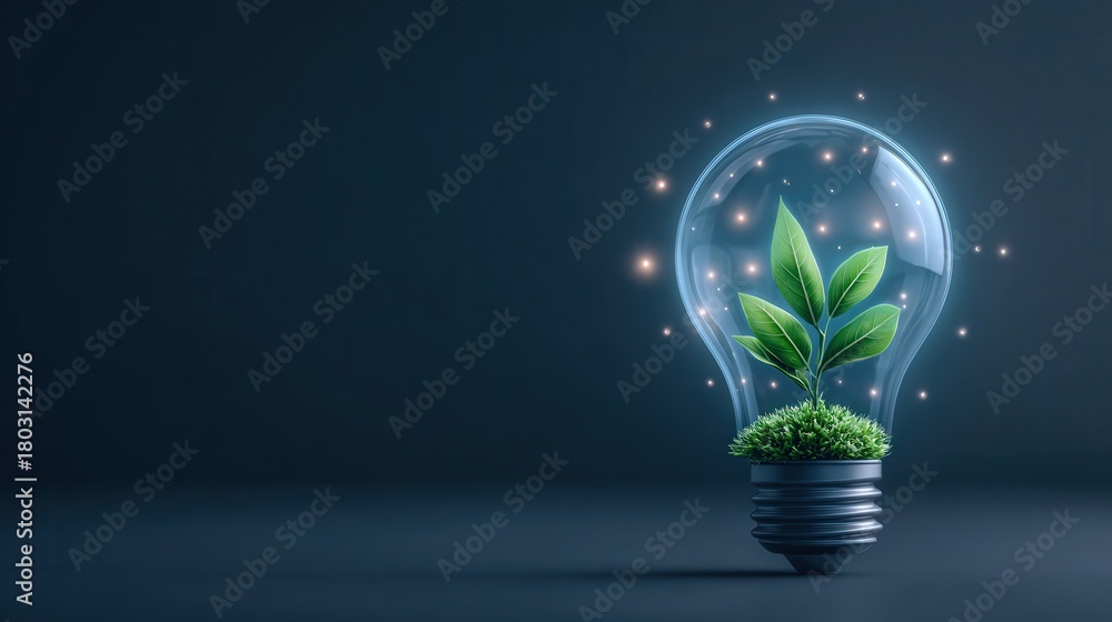 A light bulb contains fresh green leaves and moss, representing nature and innovation. The dark background enhances the focus on the plant, symbolizing growth and sustainability.