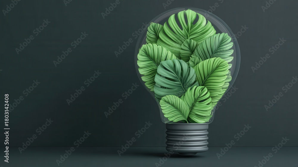 This artistic composition features a light bulb filled with vibrant green leaves, set against a dark background. It represents creativity, sustainability, and the fusion of nature with innovation.