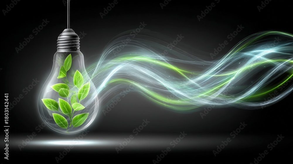 A light bulb hangs against a dark background, showcasing vibrant green leaves inside. Colorful swirls of light flow from the bulb, symbolizing the blend of nature and technology in innovation.