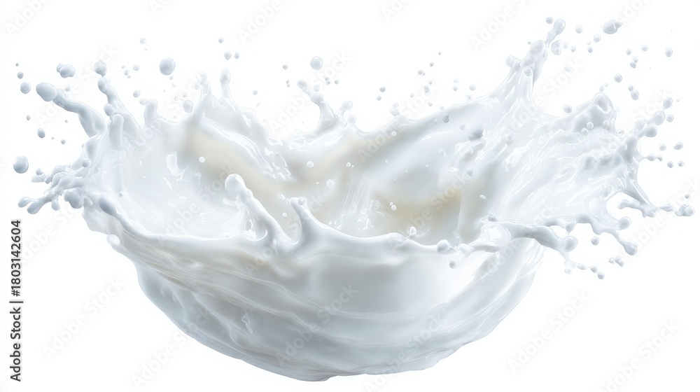 Fresh milk splashes dramatically from a bowl, creating a beautiful display of droplets and curves. The scene captures the energy and movement of the liquid at the moment it impacts.
