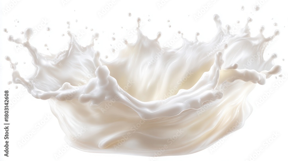 A dynamic splash of milk forms intricate shapes and droplets against a plain white background. The fluid motion captures the energy and beauty of the moment, emphasizing the splashs texture.