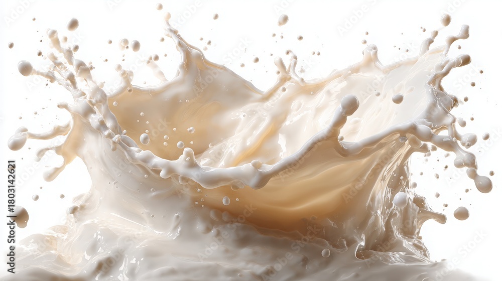A milk splash creates an intricate pattern as it hits a surface. The splash shows a blend of creamy colors and dynamic movements. Water droplets scatter in the air, highlighting the fluidity.