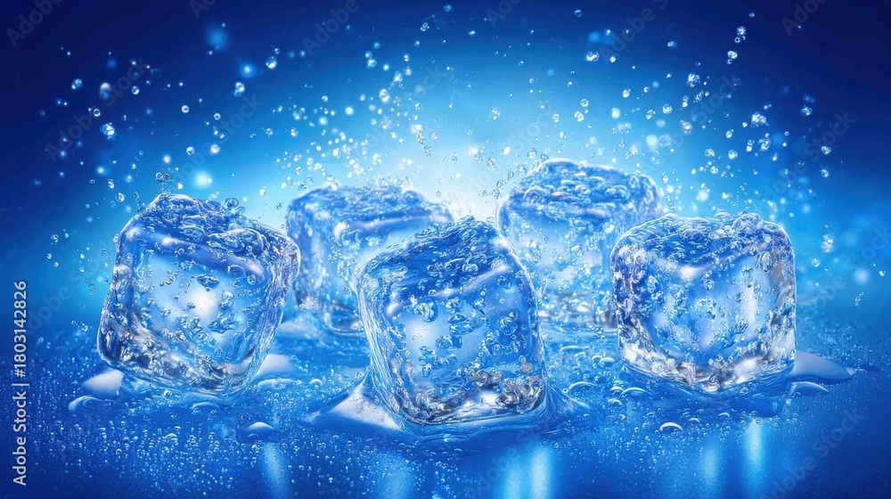 Five ice cubes float in clear blue water, creating bubbles and splashes around them. The scene captures a refreshing and cool atmosphere, perfect for hot summer days.