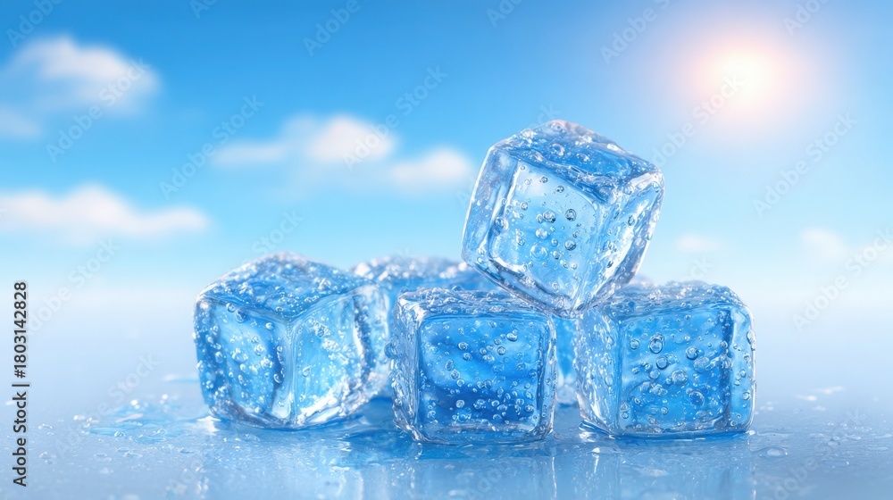 Several clear ice cubes are stacked on a glossy surface, glistening under bright sunlight. The background features a blue sky with a few fluffy clouds drifting by.