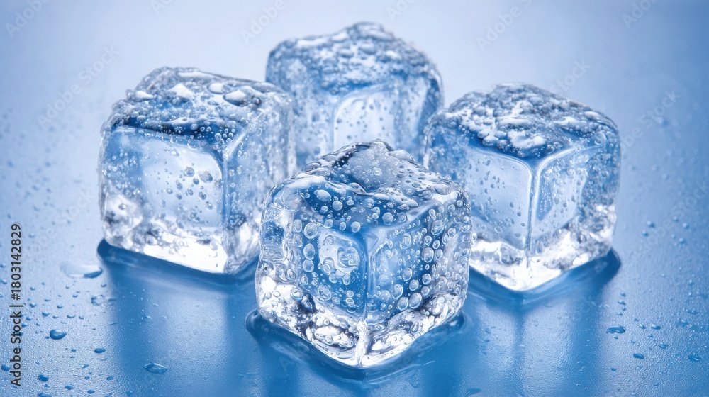 Four clear ice cubes with bubbles are placed on a smooth light blue surface. Water droplets add a refreshing touch, emphasizing the coldness and transparency of the ice.