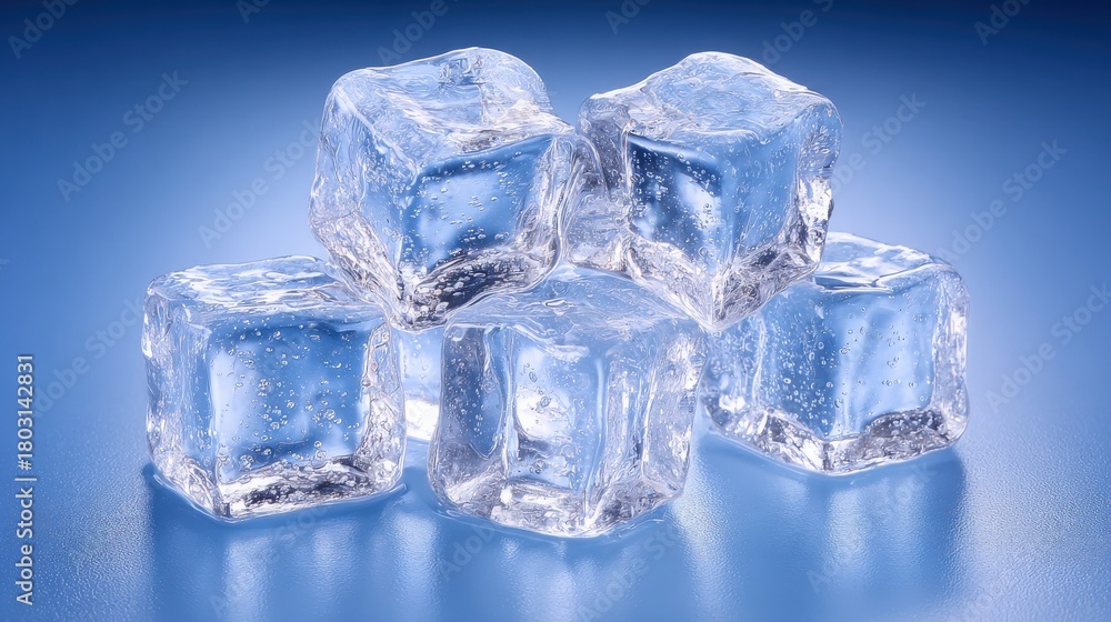 Crystal clear ice cubes are stacked together on a smooth blue surface. The light reflects off the ice, showcasing its transparency and bubbles trapped inside.