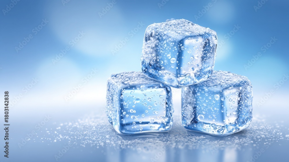 Clear ice cubes are stacked on top of each other with tiny bubbles clinging to their surfaces. A soft blue background enhances the refreshing feel of the scene.