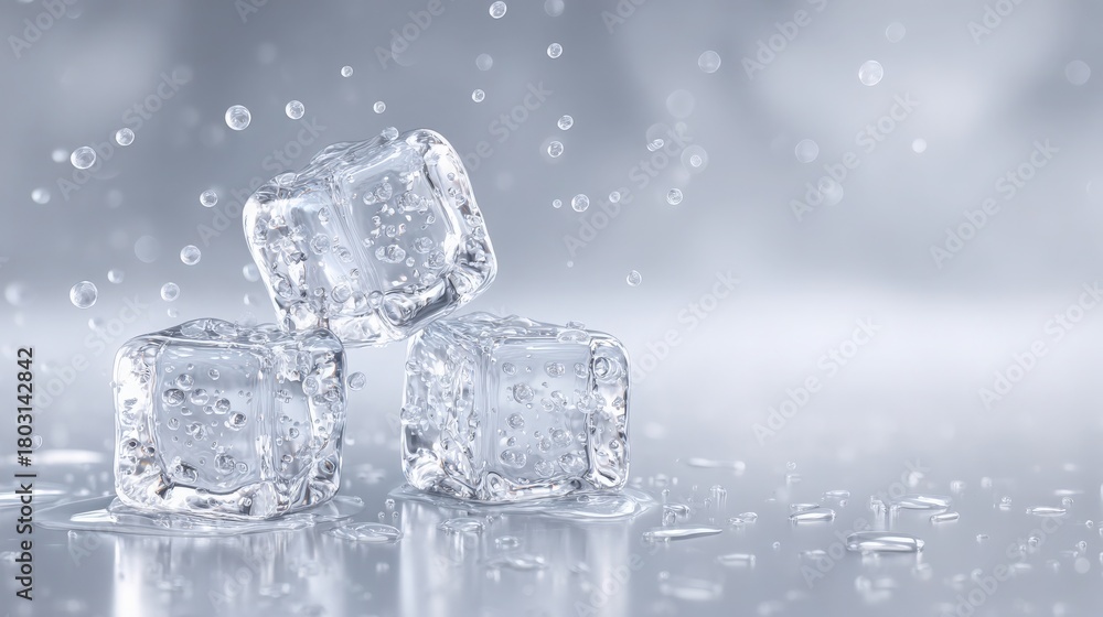 Clear ice cubes stacked together with bubbles and water droplets. The surface is wet, reflecting the coolness and freshness of the ice in a serene setting.