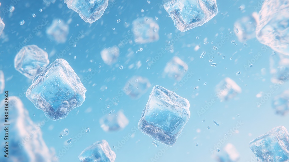 Clear ice cubes float freely in sparkling water, creating a refreshing cool atmosphere. The scene captures a bright and cheerful essence, evoking feelings of relaxation and hydration.