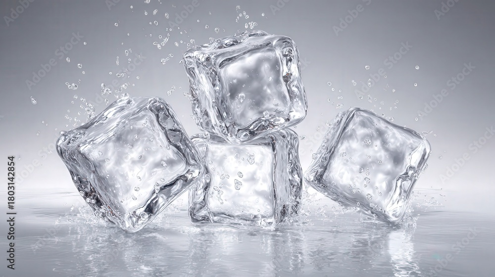Four clear ice cubes are tumbling into water, creating splashes. The background is gray, highlighting the clarity of the ice and the movement of the water.