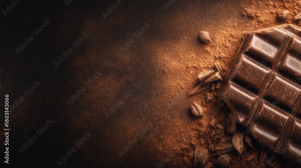A dark chocolate bar lays on a textured dark surface, surrounded by cocoa powder and small chocolate shavings. The scene captures rich colors and an inviting atmosphere, perfect for chocolate lovers.