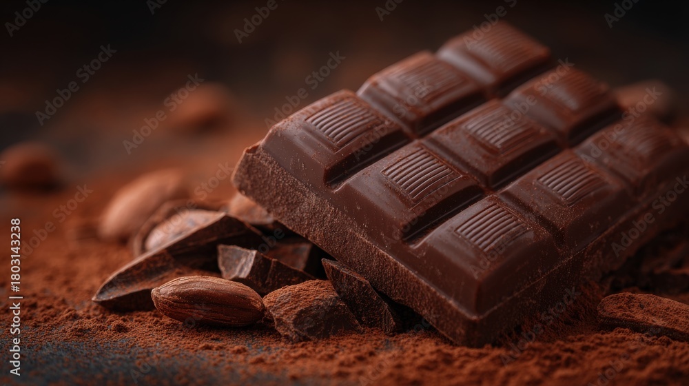 A dark chocolate bar is placed on a dark wooden surface surrounded by cocoa powder and scattered almonds. The rich texture of the chocolate contrasts with the earthy tones of the cocoa.