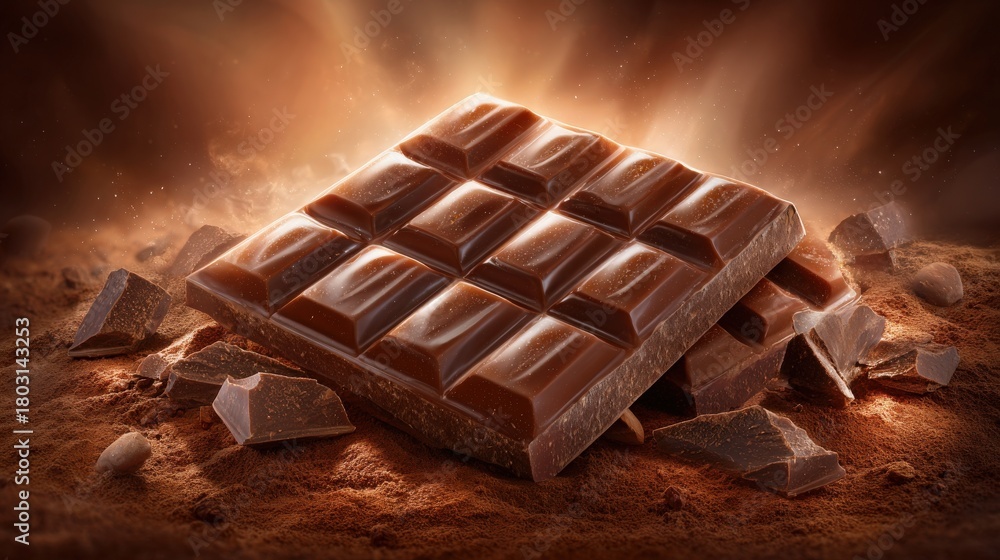A smooth chocolate bar lies on a bed of cocoa powder, surrounded by broken chocolate pieces. The warm, inviting tones highlight the delicious treat, creating a tempting scene.