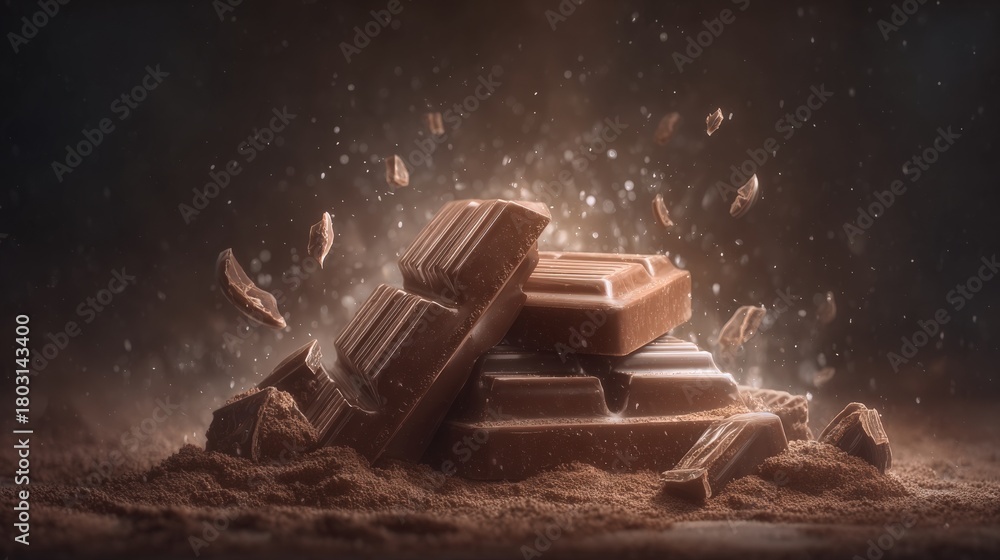 Dark chocolate bars are stacked, surrounded by a cloud of cocoa powder. Shards of chocolate float in the air, highlighting a moment of indulgence. The scene appears warm and inviting.