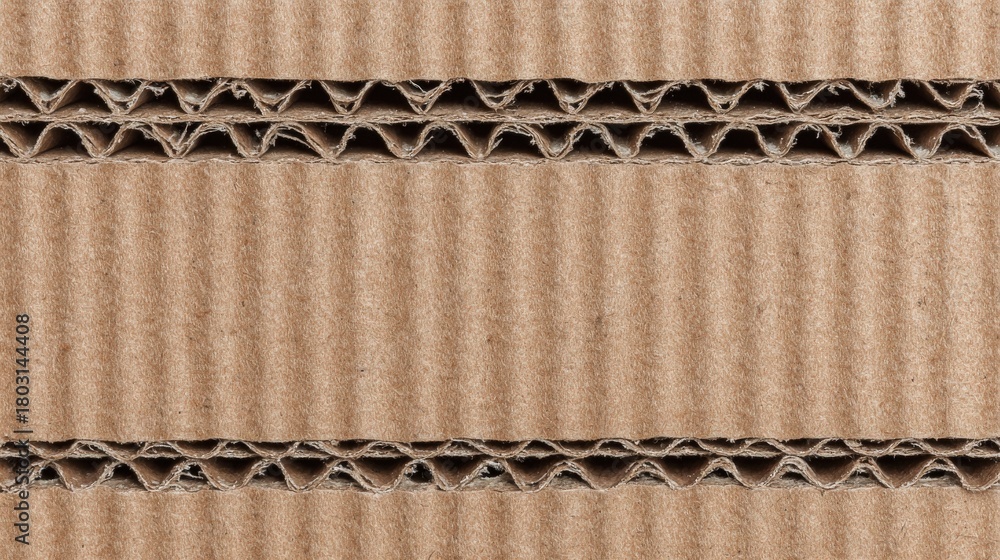 A detailed view of cardboard, highlighting its corrugated structure. The layers reveal the materials design, suitable for packaging items securely.