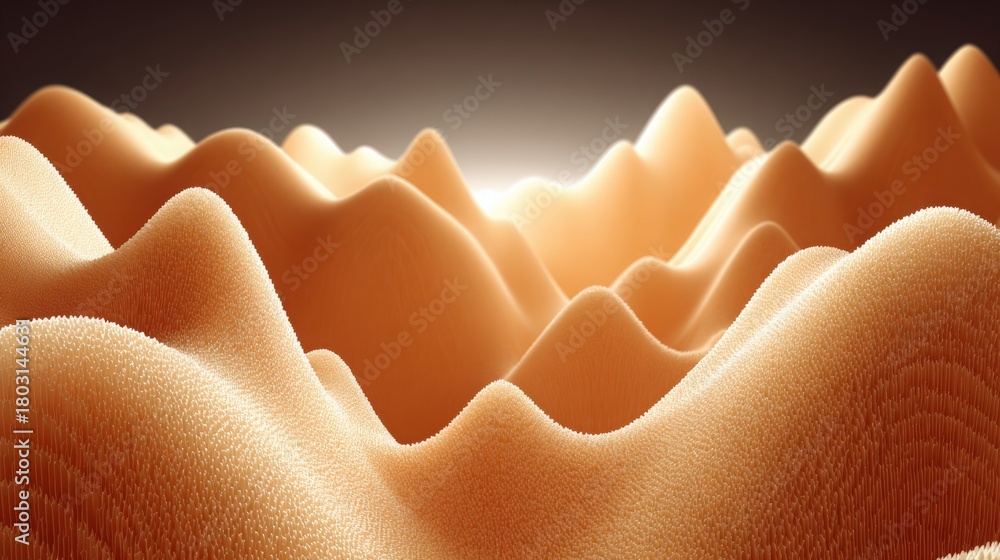 A peaceful sandy terrain is filled with gently rolling hills creating a serene atmosphere. The soft light in the background adds warmth, suggesting a tranquil evening ambiance.