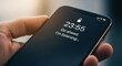 © abu - Close up of a hand holding a black smartphone displaying time at night with soft lighting. Dark theme on the smartphone screen. Focus on digital display.