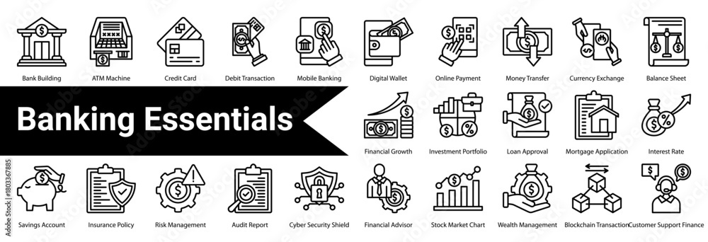 Banking Essentials icon sheet and collection containing: bank building ...