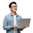 © Creative Design - Smiling young asian man wearing glasses holding a laptop and looking upwards isolated on transparent background