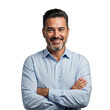 © Creative Design - Smiling middle-aged man confidently poses with crossed arms wearing light blue shirt isolated on transparent background