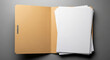 © abu - An open manila folder with a stack of white paper documents inside on a neutral gray background, taken from an overhead perspective in a close up shot.