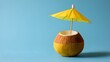 © Wahib Khan - Creative summer idea with fresh coconut fruit decorated with a paper sun umbrella, minimal beach vacation concept --ar 16:9