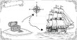 © Joyaber's World - Treasure map illustration with sailing ship, compass rose, dotted path, scroll banner, vintage nautical adventure, ocean exploration concept
