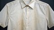 © adaptable_ Lark98A1 - A close-up view of a stained, light-colored button-up shirt showcasing dirt and wear, emphasizing a casual, rugged appearance.
