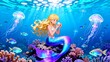 © yue - mermaid, swimming, pool, beauty, fairy, sea, blue, art, illustration, cartoon, abstract