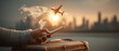 © The Pixel Store - Smartphone travel app booking airplane journey over illuminated world map with city skyline