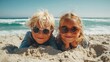 © Tanu - Two smiling children enjoying a sunny beach day while playing in the sand near the waves