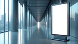 Digital advertising screen stands in modern office building lobby. Vertical LED billboard displays blank white copy space on floor. Futuristic interior hallway with columns and glass windows.
