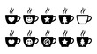 © Design Point - Diverse collection of ten steaming hot beverage cups icons featuring various decorative symbols including hearts, stars, smiles, and christmas trees.