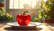 © Tahu - A vibrant red bell pepper, glistening on a white plate, sits bathed in sunlight near a window with surrounding greenery in a home