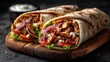 © touseef - Delicious chicken shawarma durum wrap with kafta and pita roll, traditional middle eastern doner kebab sandwich, freshly prepared street food with copy space for menu or recipe design