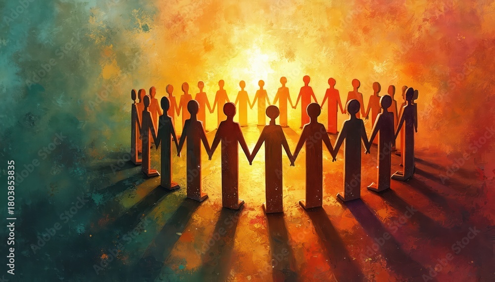 Group of people in circle hold hands. Community support, unity, and connection in warm light. Shared understanding and reconciliation concept art.