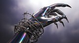Metallic hand with sharp claws entangled in barbed wire