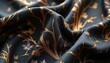 © miss irine - Dark silk fabric closeup shot. Golden floral pattern textile with soft elegant folds. Fashionable clothing material for dress design. Luxury cloth with gold decor. Crumpled silky texture.