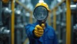 © miss irine - Worker in hard hat examines machinery with magnifying glass. Man in uniform checks industrial pipe system. Technician inspects factory equipment for quality control. Safety, precision in