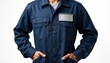 © miss irine - Navy blue work uniform or jumpsuit with blank name badge on chest pocket. Minimalist apparel for service, industry, or professional staff on white.
