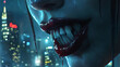 © Shanorsila - A close-up of a vampire's face, their lips parted slightly to reveal razor-sharp, glistening fangs, with the glow of a city at night visible through the window behind them.