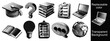 © illustration clipart - set of 10 education elements. 3d halftone dotted style. laptop, book, globe, graduation cap, bulb, checklist with grunge design. isolated on transparent background.