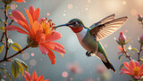 Hummingbird sips nectar from flower, hovering mid air, with its delicate form showcased in detailed view. Hummingbird sips nectar, enjoying vibrant blossom,