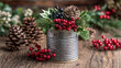© Julia - Rustic Tin Can Mockup with Christmas Decor, Holly Berries and Pine Cones