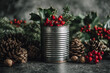 © Julia - Rustic Tin Can Mockup with Christmas Decor, Holly Berries and Pine Cones
