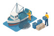 © icon_art - Isometric scene of fishermen unloading catch from fishing boat with nets and crates