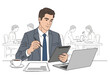 © Vooglo.com - Illustration of a businessman in a suit sits at a table with a laptop, tablet, and coffee, working diligently in a cafe setting with blurred patrons in the background