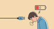 © Vooglo.com - Illustration of man feeling exhausted and drained, with a low battery symbol and usb charging cable, symbolizing burnout and lack of energy