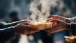 © Pringle - Hands giving a steaming hot meal in disposable container — volunteer food distribution
