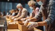 © Prapan - Community Food Bank: Volunteers wearing protective masks work together, carefully packing fresh produce into boxes, representing dedication to food security and community support.
